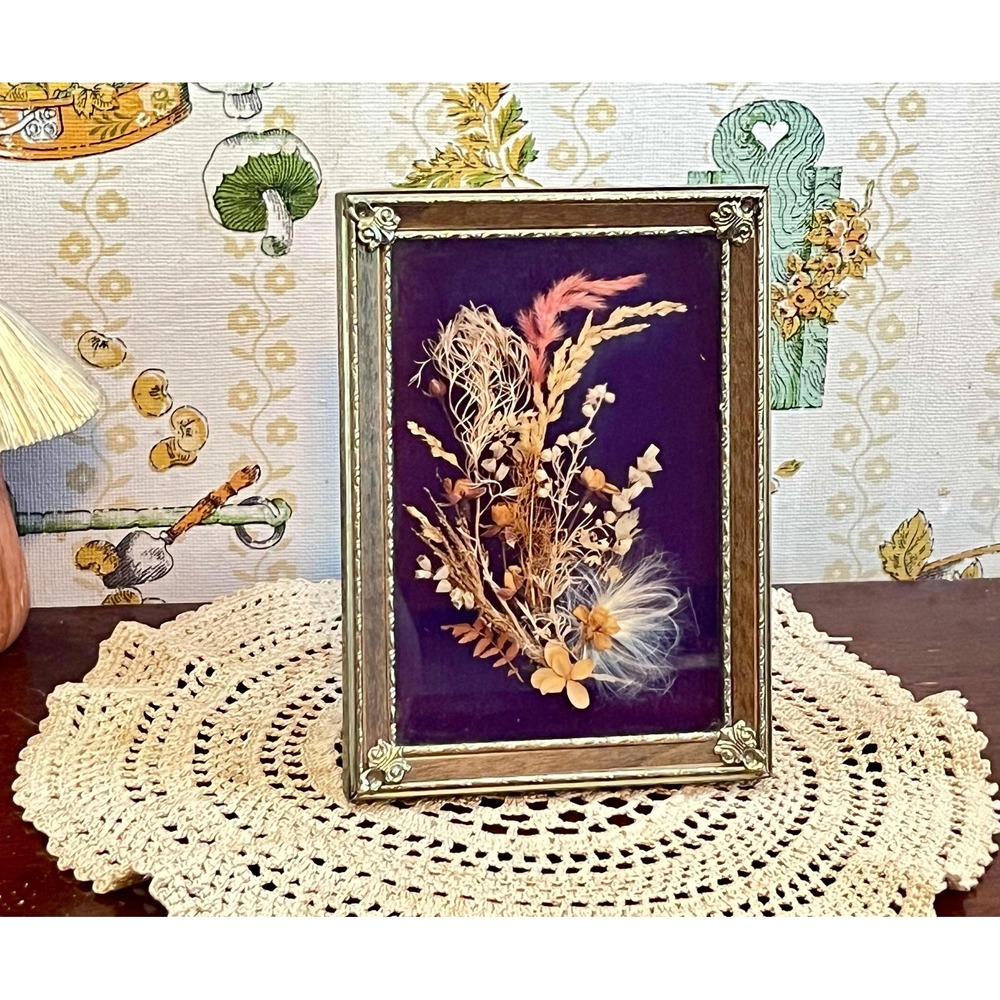Vintage MCM Botanical Pressed Dried Flower Shadow Box Art Framed